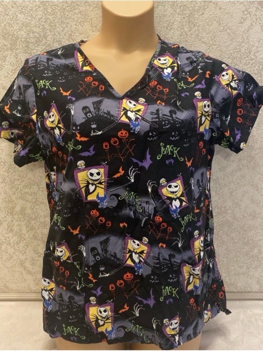 Disney Black Halloween Jack Skellington V-Neck Short Sleeve Scrub Top